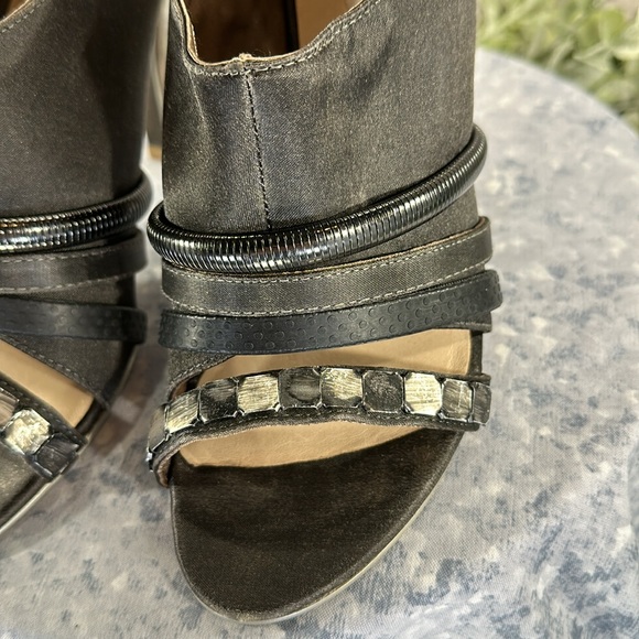 Diesel Palma Fossil Taupe Pewter Open Toe Suede/Satin Bootie Heels WMS 7M✨EUC✨ - Picture 4 of 11